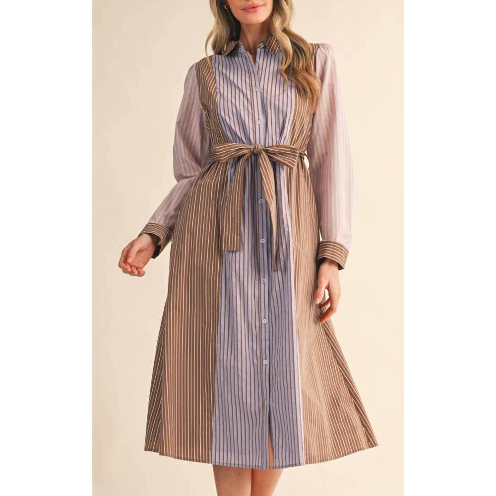 NEW EN MERCI button up mixed stripe shirt dress with belt in cocoa/blue